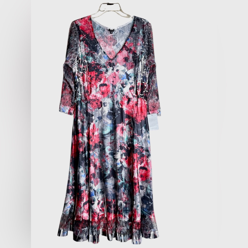 Komarov Pleated Crinkle Dress 2x Floral Midi Nwt
